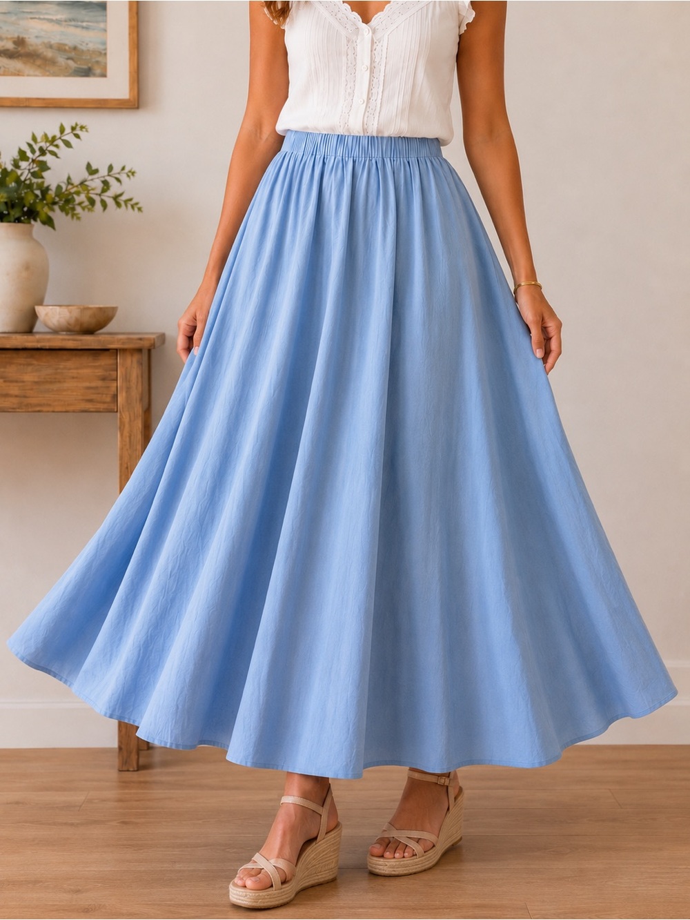 Aleeza Paris Baby Blue A-Line Maxi Skirt — Elastic Waist Full Skirt